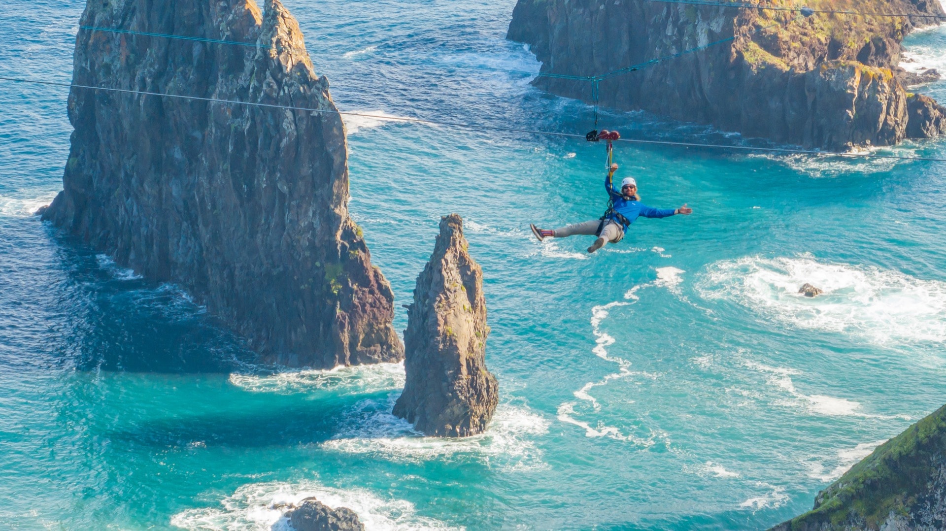 Zipline above the Atlantic ocean in Madeira
